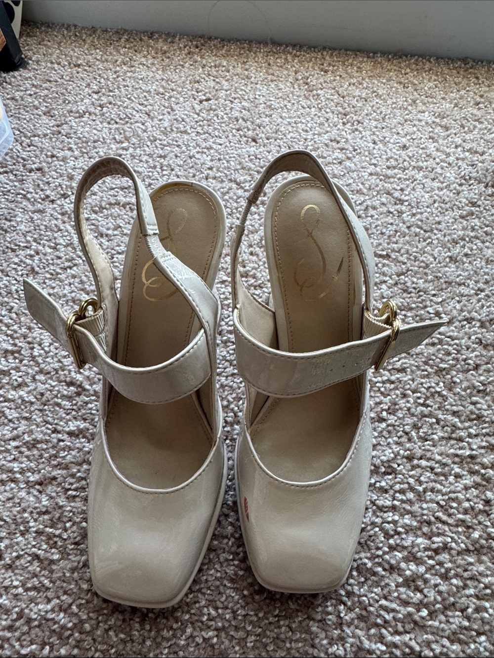 Women's Cream Patent Slingback Heels with Buckle Strap